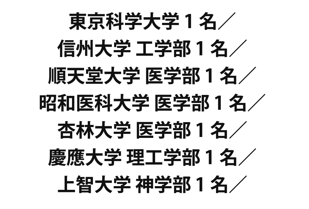 東京科学大学 1名　信州大学 工学部 1名　順天堂大学 医学部 1名　昭和医科大学 医学部 1名　杏林大学 医学部 1名　慶應大学 理工学部 1名　上智大学 神学部 1名　